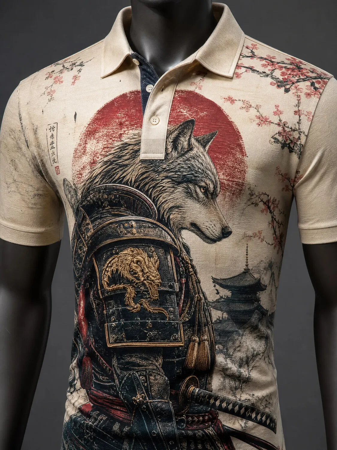 Men's Japanese Samurai Wolf Oriental Print Casual Polo Shirt