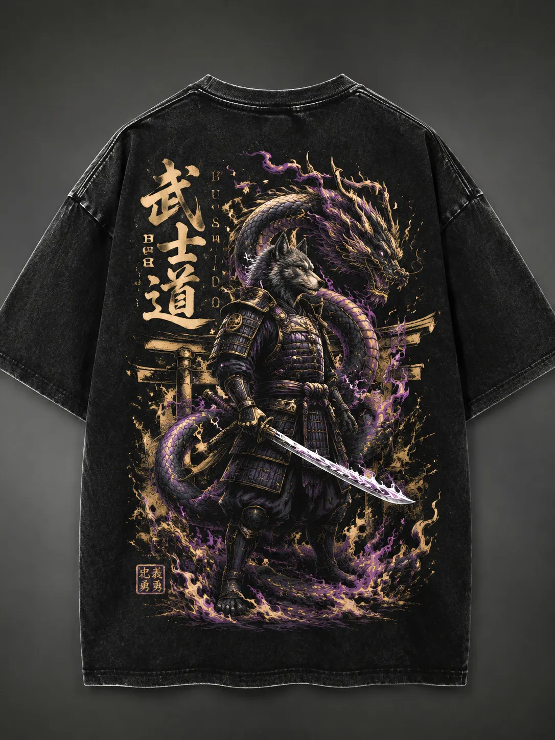 Men's Vintage Washed Bushido Wolf Samurai Dragon Japanese Print T-Shirt