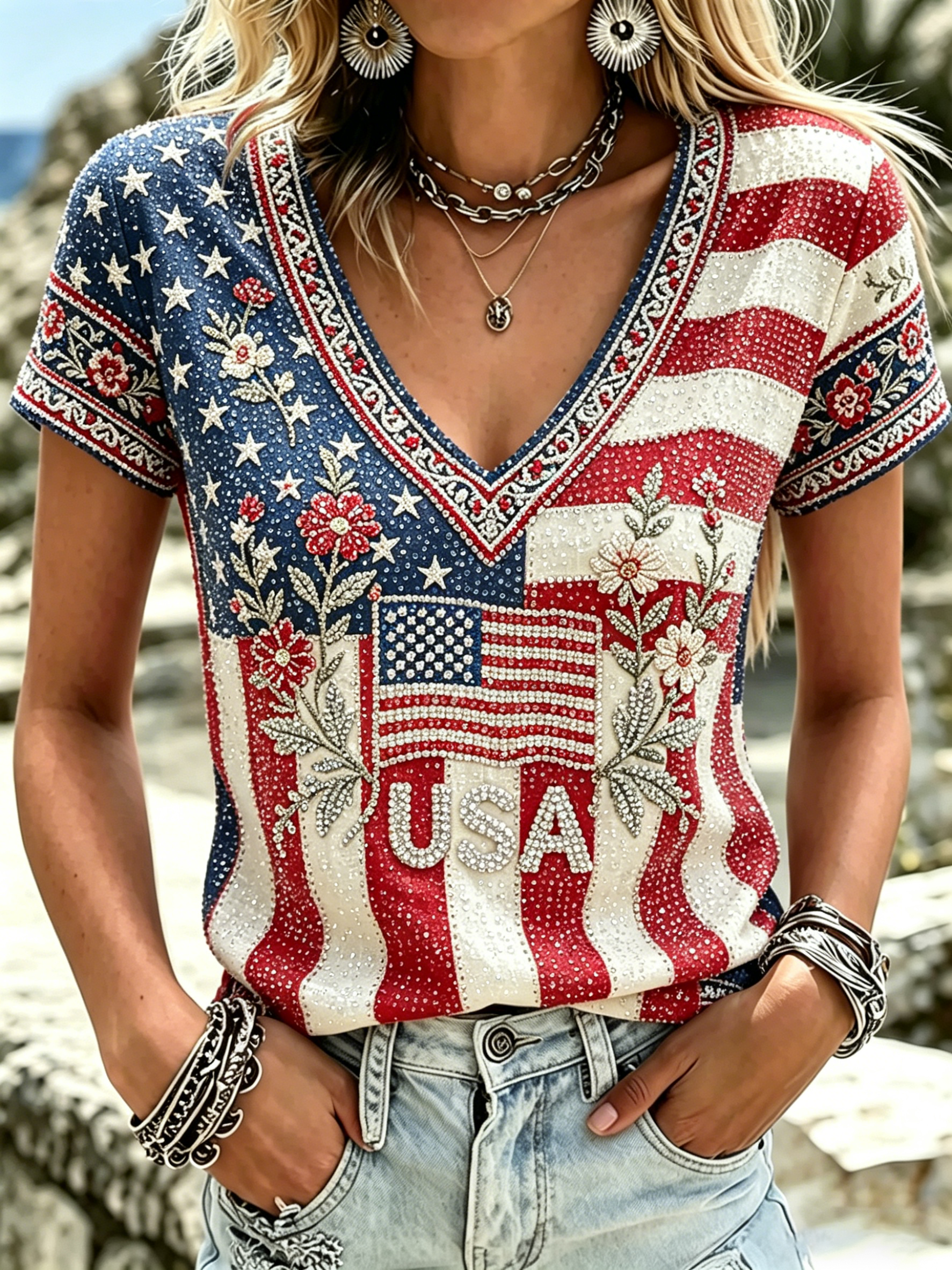 Women's America Hot Drill Floral Art Print Casual T-shirt
