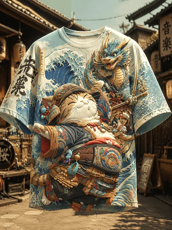 Men's Japanese Style Samurai Cat Dragon Ocean Wave Print T-Shirt