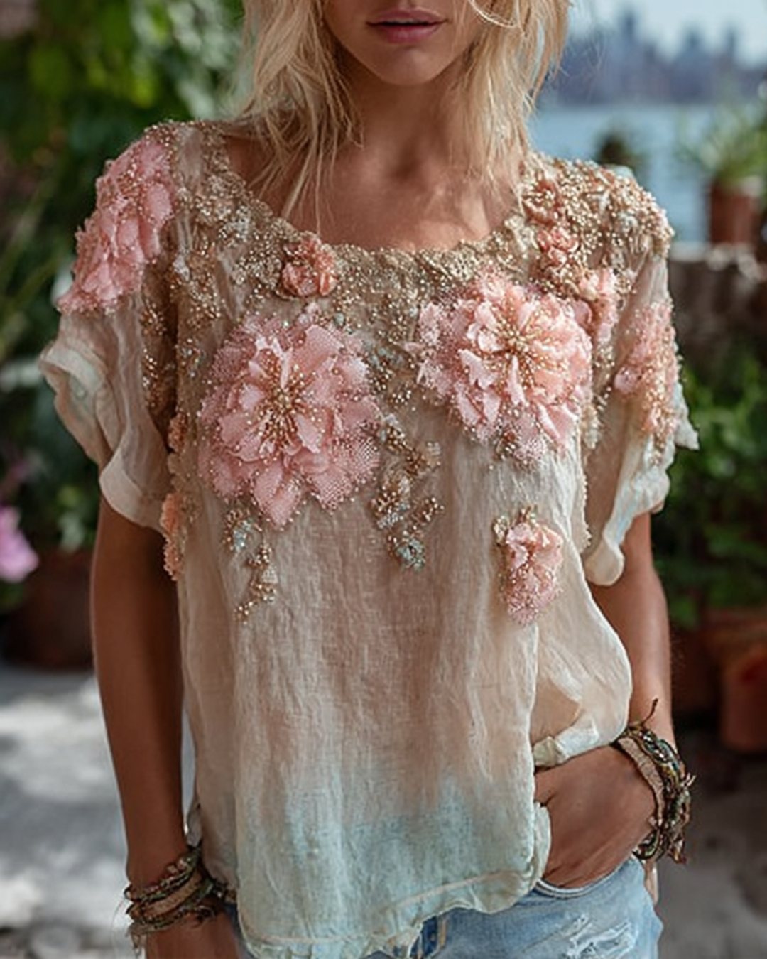Women's Summer Fashion: Gradient-Printed Floral Embroidered Linen Short-Sleeve Top 8435