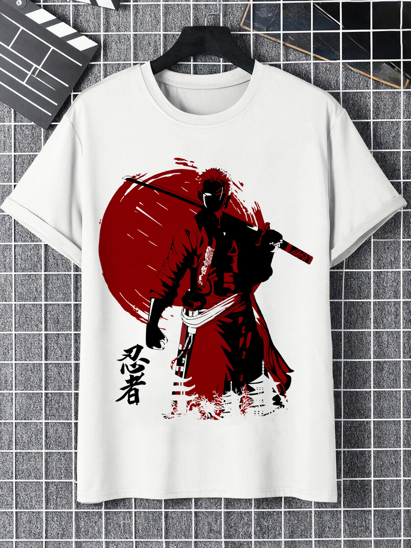 Men's Japanese Samurai Ninja Red Sun Print Cotton Casual T-Shirt