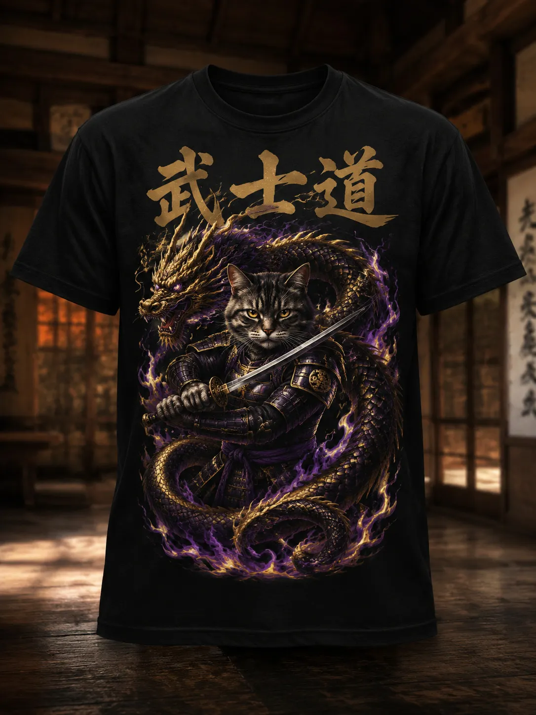 Men's Bushido Samurai Cat Purple Dragon Japanese Print T-Shirt