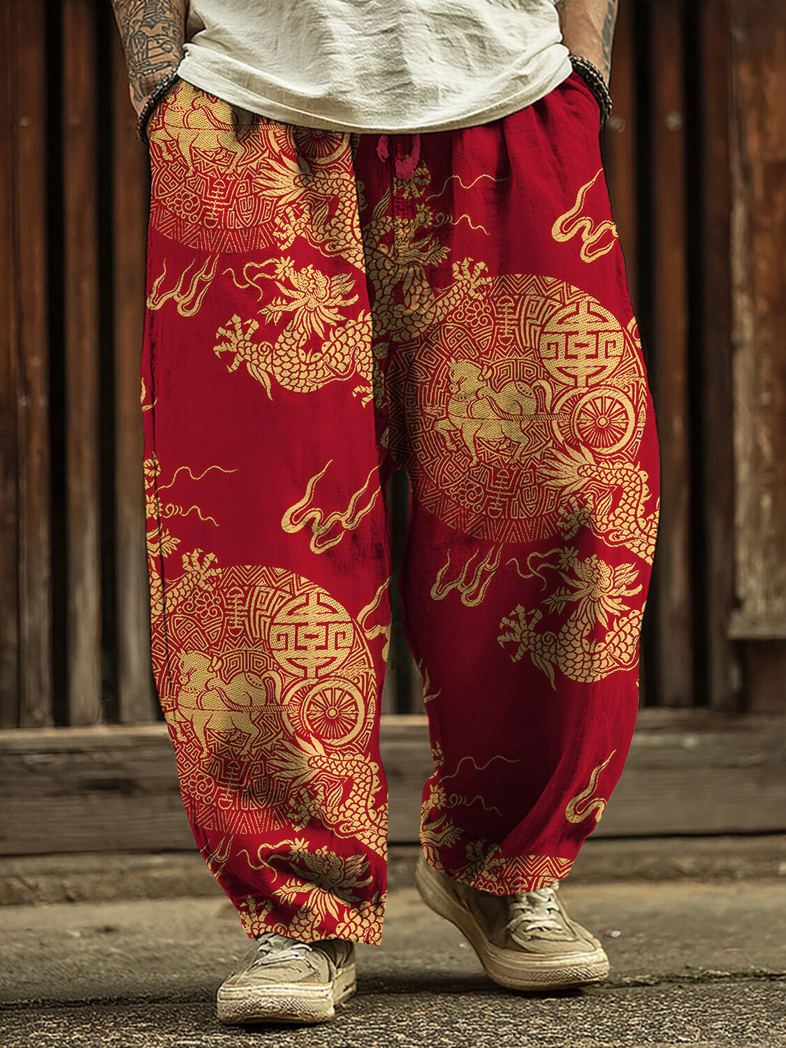 Men's Classical Traditional Golden Dragon Copper Coins Totem Print Workwear Drawstring Waist Casual Pants