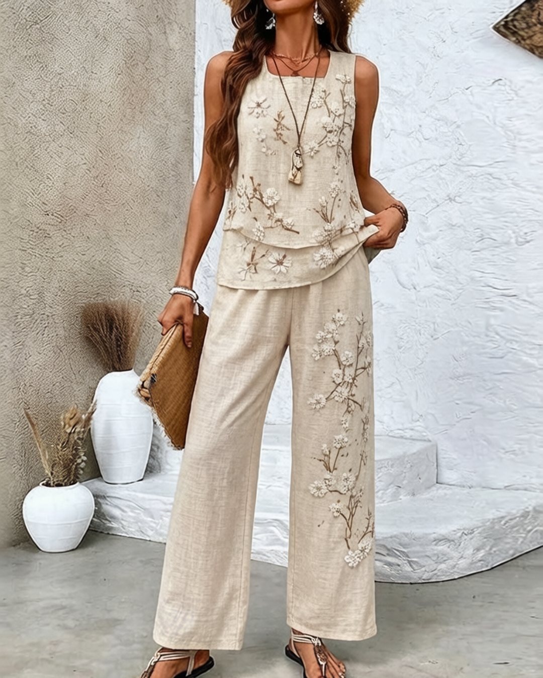 Women's Summer Resort Floral Embroidered Linen Sleeveless Top & Pants Two-Piece Set 1328