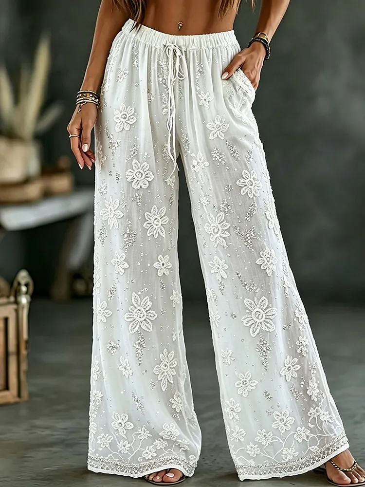 Women's White Rose Art Embroidered Linen Blend Pants