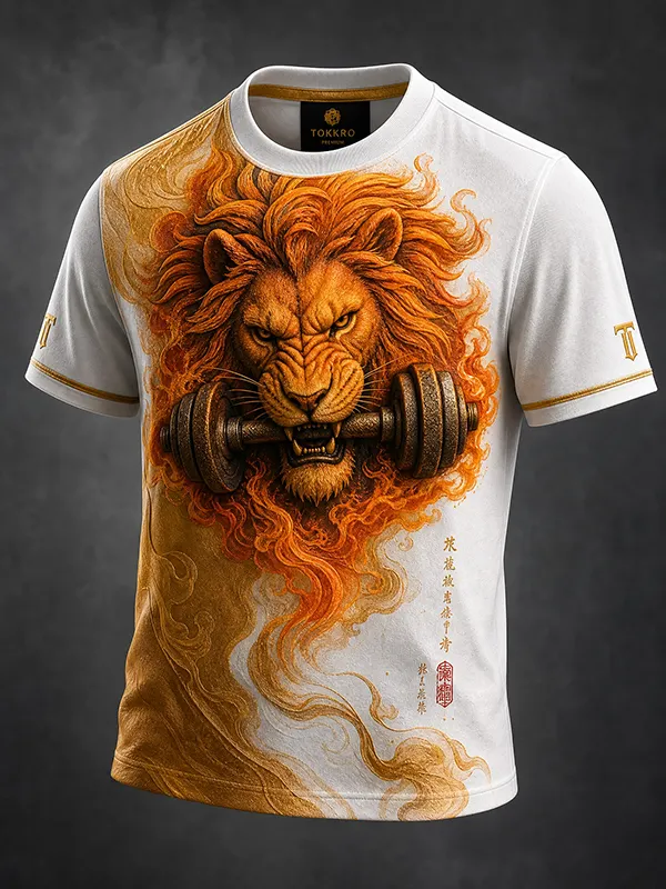Men's Japanese Lion Dumbbells Print Casual T-Shirt