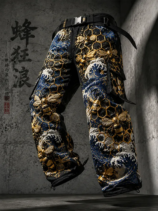 Men's Honey Bee Hexagon Hive Japanese Great Wave Print Casual Cargo Pants