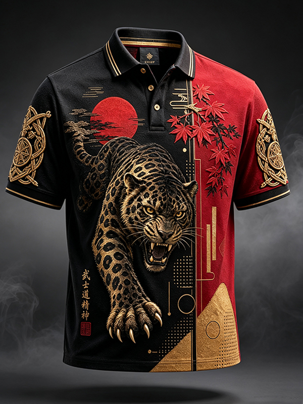 Men's Japanese Leopard Geometric Art Printed Short Sleeve Polo Shirt