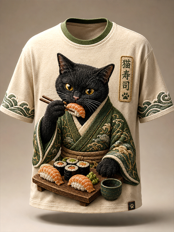 Men's Black Cat In Kimono Eating Sushi Japanese Art Print T-Shirt