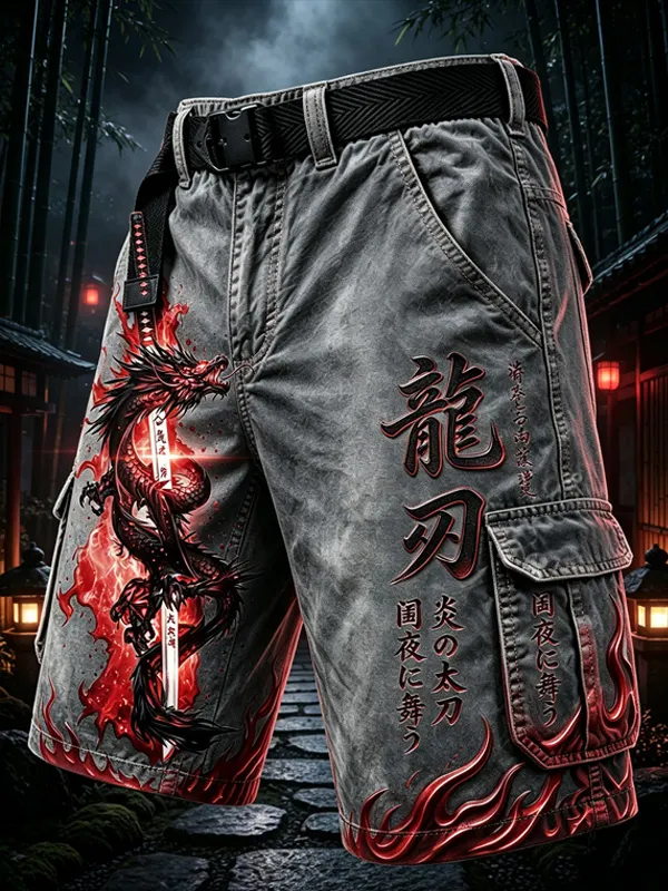 Men's Dragon Katana Japanese Calligraphy Art Print Cargo Shorts