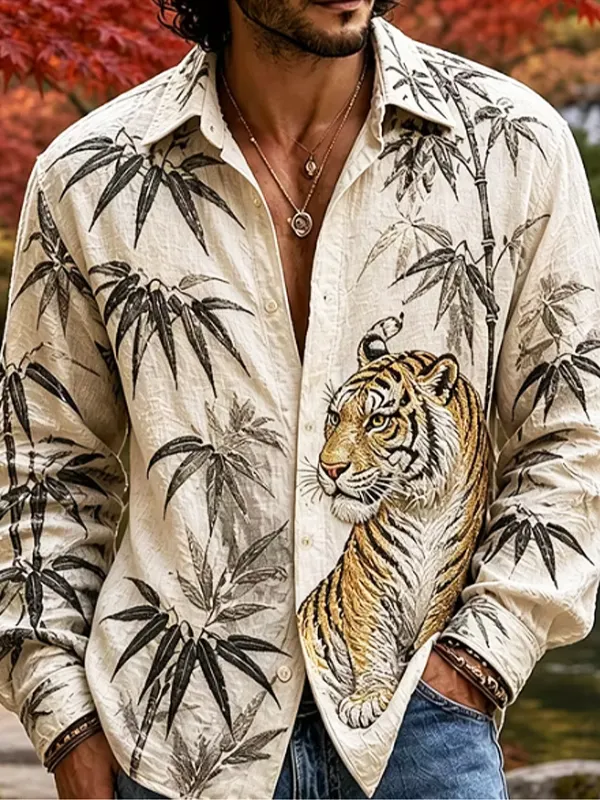 Men's Japanese Tiger Bamboo Leaf Art Print Long Sleeve Shirt
