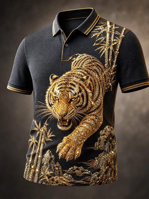 Men's Crystal Tiger Bamboo Mountain Japanese Art Print Polo Shirt