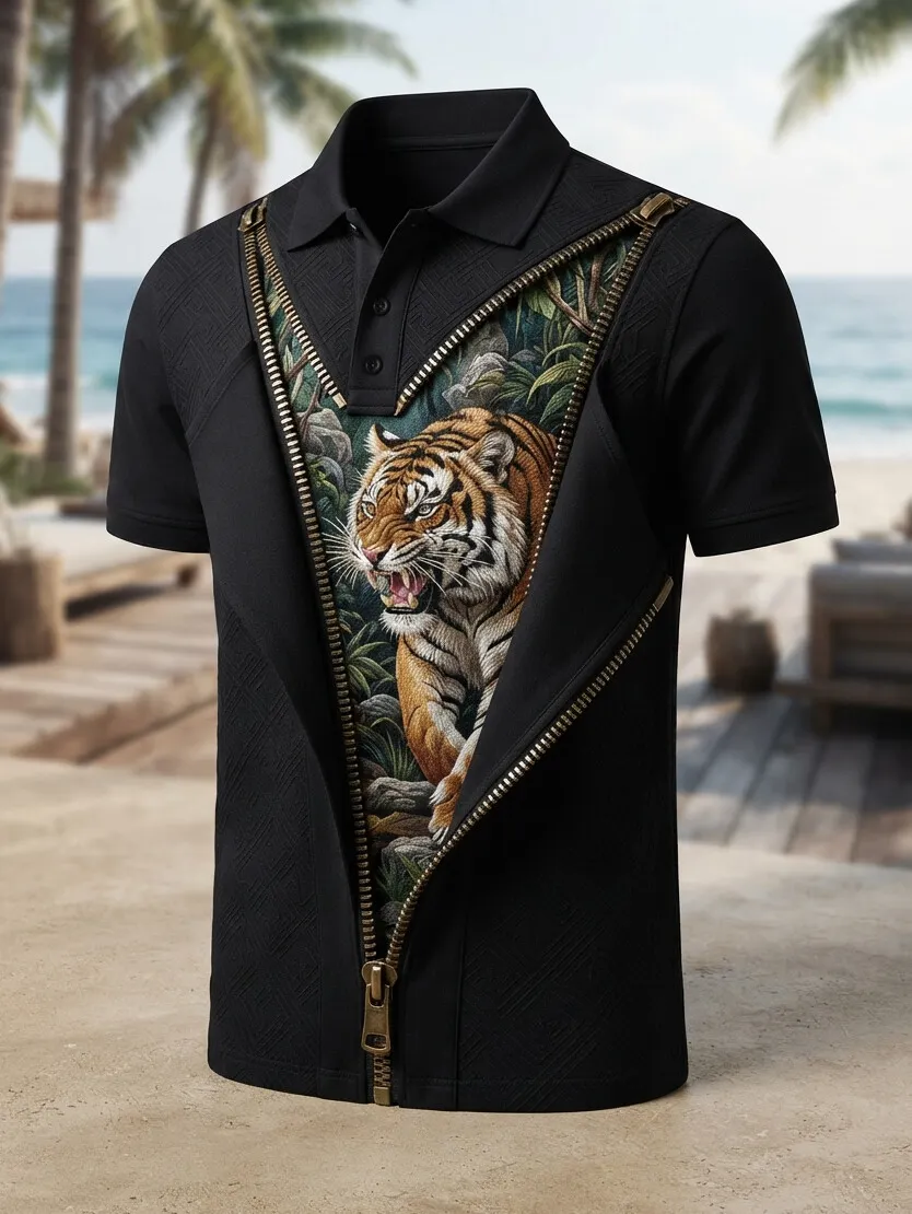 Men's Jungle Tiger Zipper Detail Printed Short Sleeve Polo Shirt