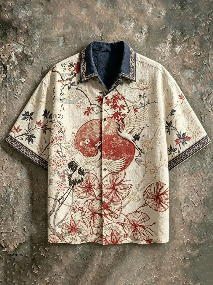 Men's Japanese Crane Floral Sun Cherry Maple Lotus Art Print Casual Shirt