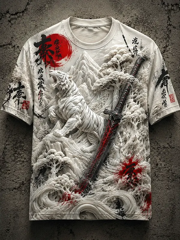 Men's 3D Tiger Ancient Sword Mountain Landscape Ink Japanese Art Print T-Shirt