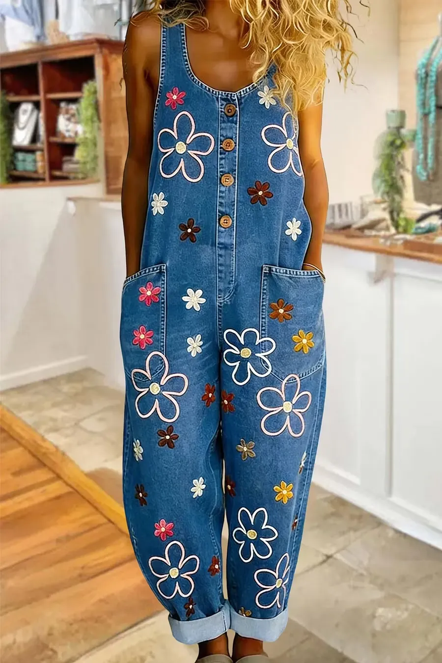 Multicolor Petal-Print Denim Jumpsuit
