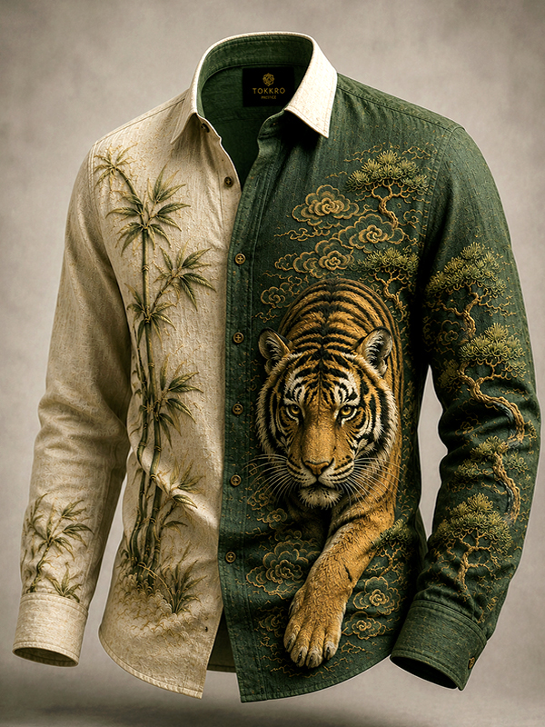 Men's Tigers In The Mountains And Forests Natural Scenery Bamboo Japanese Art Print Long Sleeve Shirt