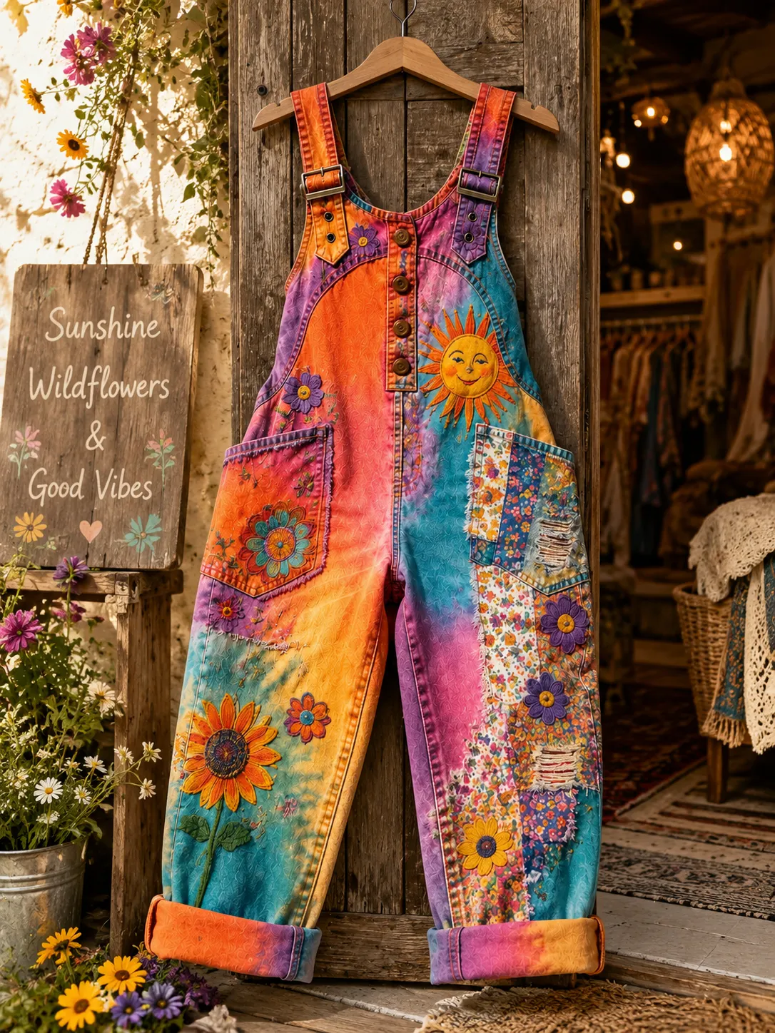 Women's Retro Art Print Denim Patchwork Jumpsuit