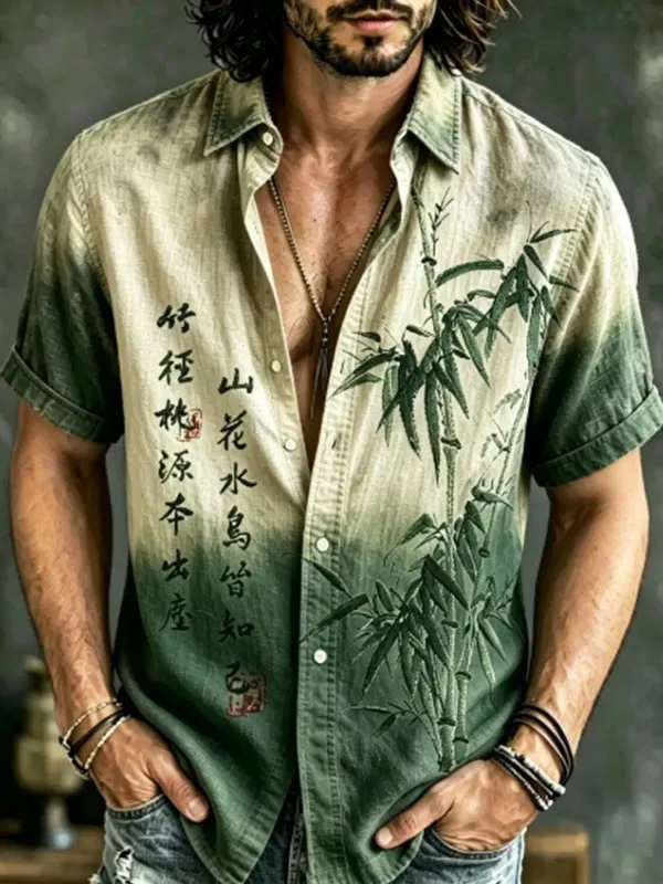 Men's  Ink Bamboo Chinese Calligraphy Japanese Art Print Short Sleeve Shirt
