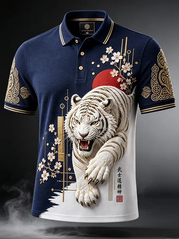 Men's Japanese White Tiger Geometric Art Printed Short Sleeve Polo Shirt