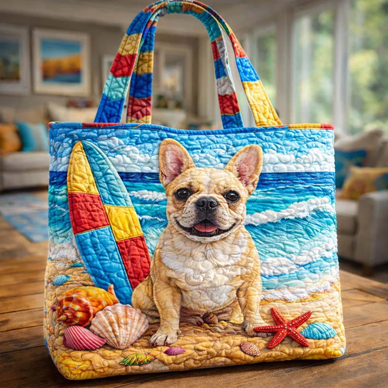 Happy Puppy On Beach Vacation Pattern Print Quilted Tote Bag