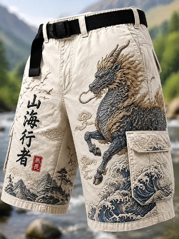 Men's Mythical Animal Mountain And Sea Traveler Art Print Casual Shorts
