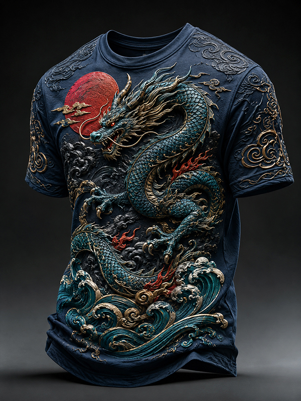 Men's Dragon and Wave Japanese Art Print Casual T-Shirt