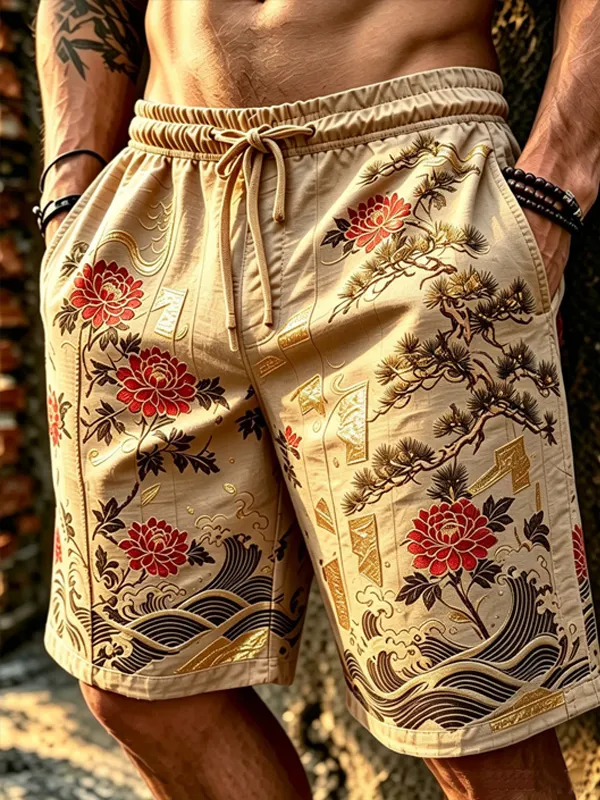 Men's Japanese Ukiyo-e Peony Pine Tree Ocean Wave Art Print Casual Shorts