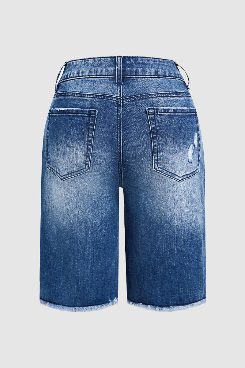 American Flag Patched Ripped Raw Hem Mid Rise Denim Bermuda Shorts