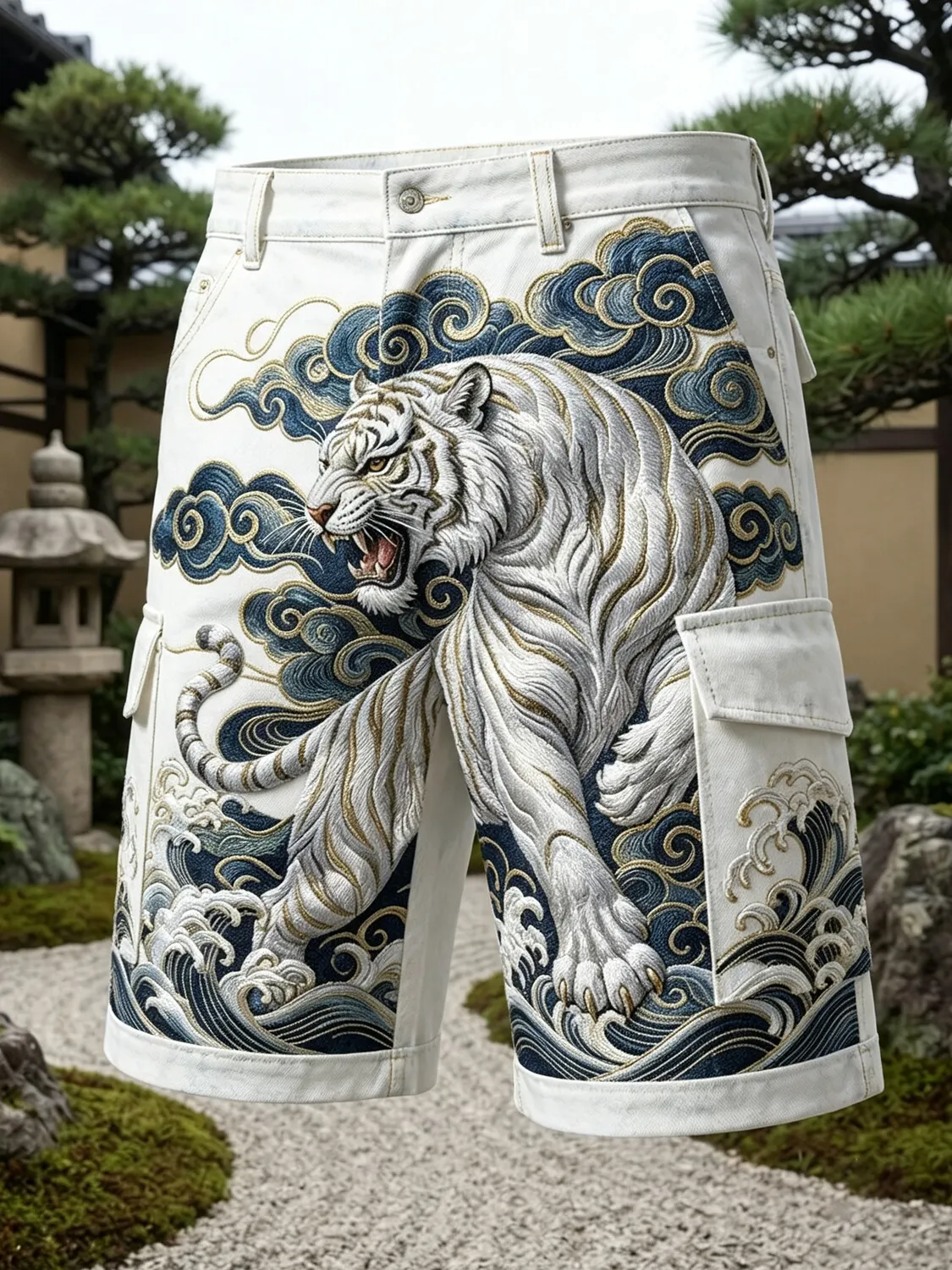 Men's Japanese Ukiyo-e White Tiger Print Casual Shorts