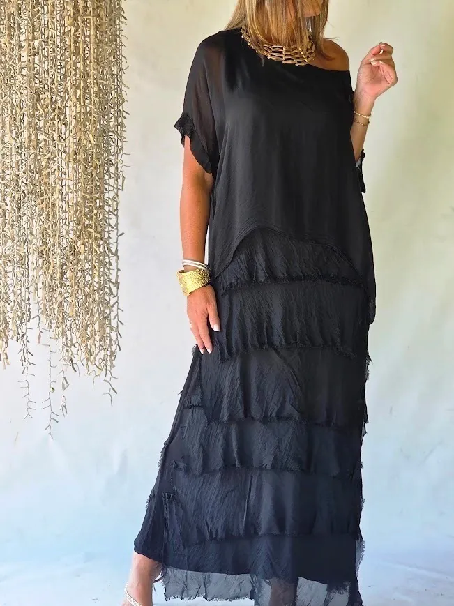 Luxe Black Ruffle Layered Silk Two-Piece