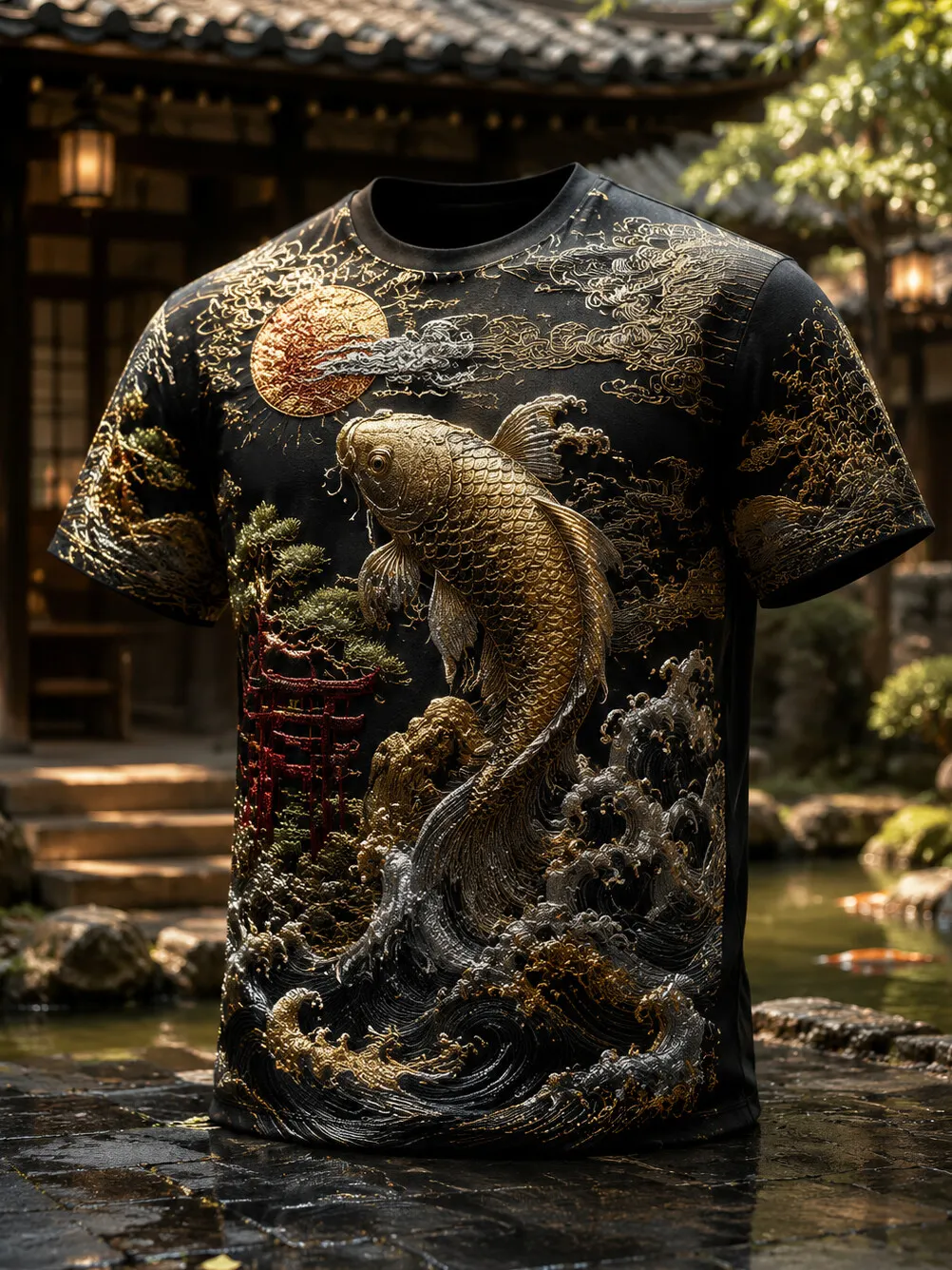 Men's Golden Japanese Koi Fish Wave Art Print T-Shirt