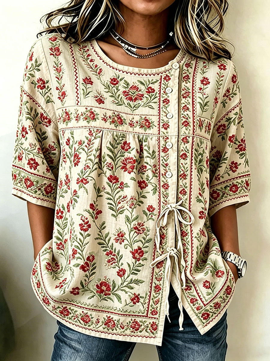 Women'S Cotton And Linen Casual Striped Print Top