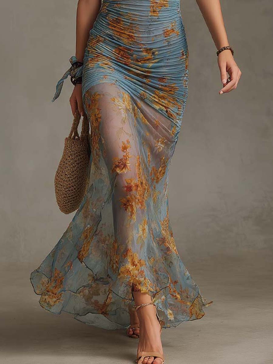Vintage Bohemian Floral Sheer Chiffon Halter Ruched Mermaid Maxi Dress - Image 3