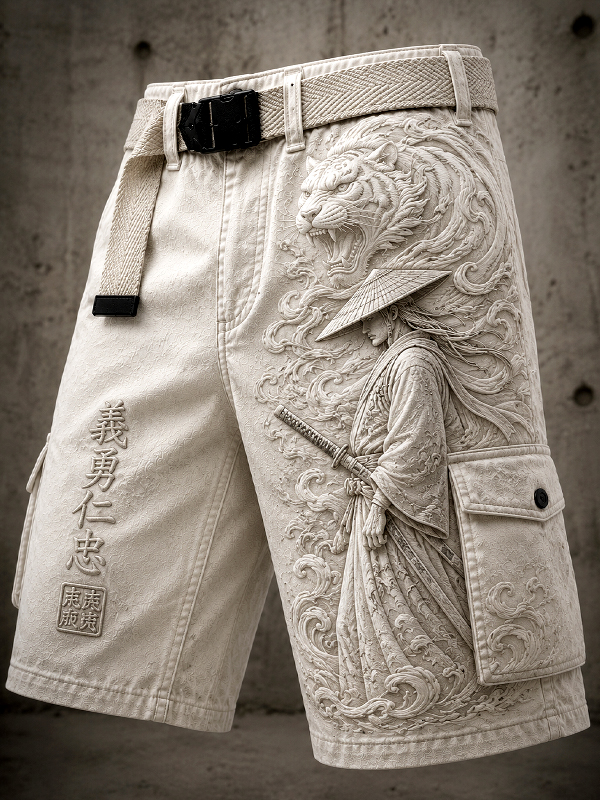Men's Samurai And White Tiger Japanese Art Print Casual Shorts