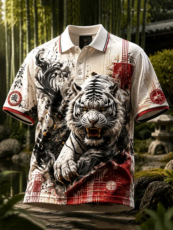 Men's 3D Relief Samurai Koi Lotus Ink Print Short Sleeve Polo Shirt