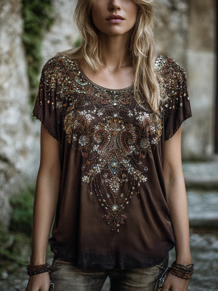 Women's Vintage Boho Nepal Ethnic Art Crew Neck T-shirt