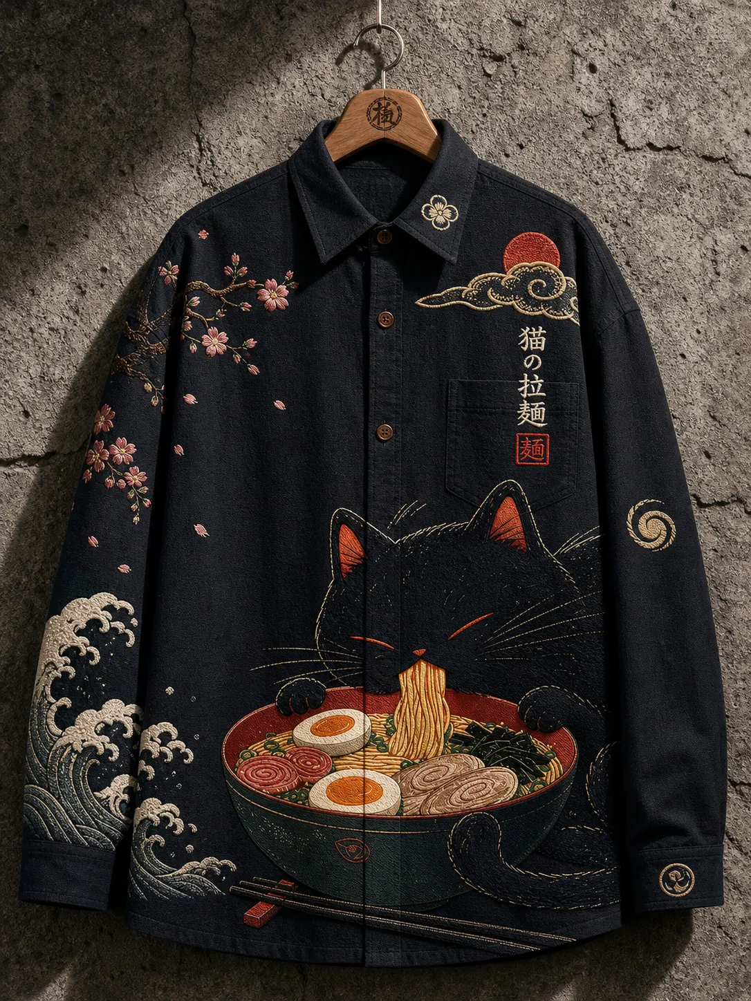 Men's Japanese Wave Black Cat Ramen Cherry Blossom Art Print Long Sleeve Pocket Shirt