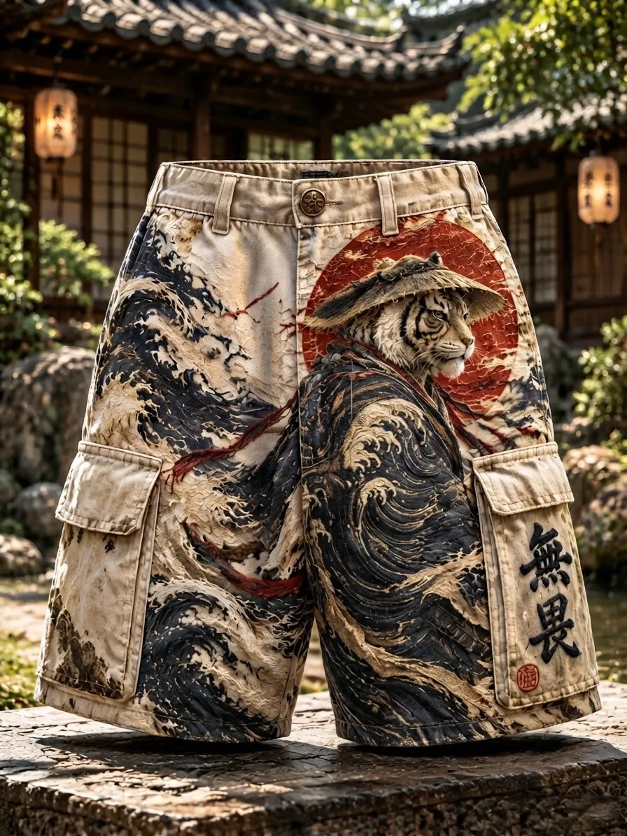 Men's Vintage Japanese Tiger Great Wave Print Casual Shorts