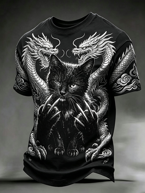 Men's Black Cat with Sharp Claws Dragons Print Casual T-Shirt
