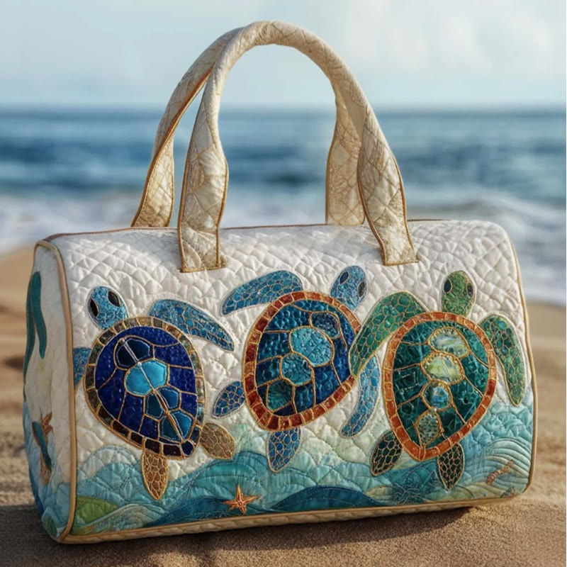 Ocean Turtle Waves Pattern Print Quilted Duffle Bag