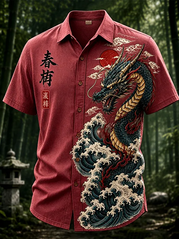 Men's Dragons and Waves Japanese Art Print Casual Shirt