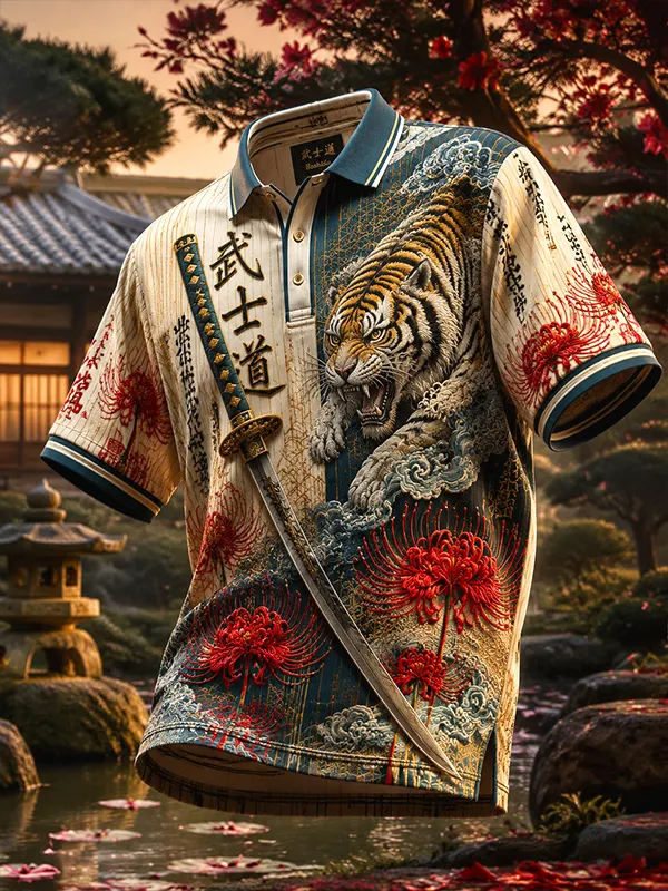 Men's Bushido Tiger Katana Red Spider Lily Japanese Ukiyo-e Vintage Print Polo Shirt