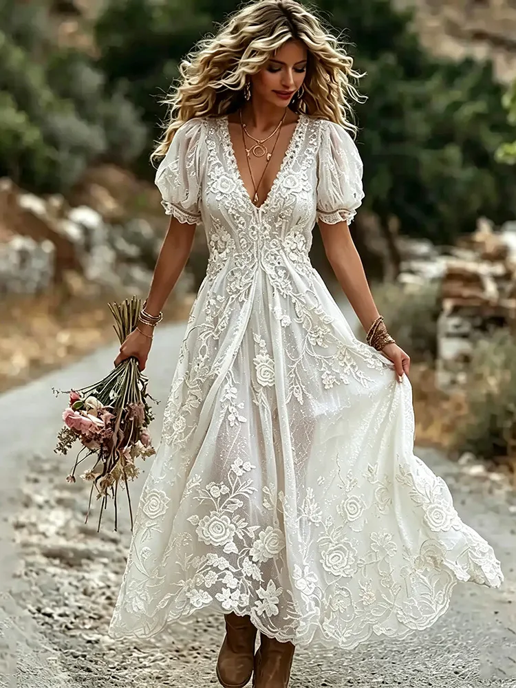 Women's White Rose Art Embroidered Linen Blend V Neck Maxi Dress