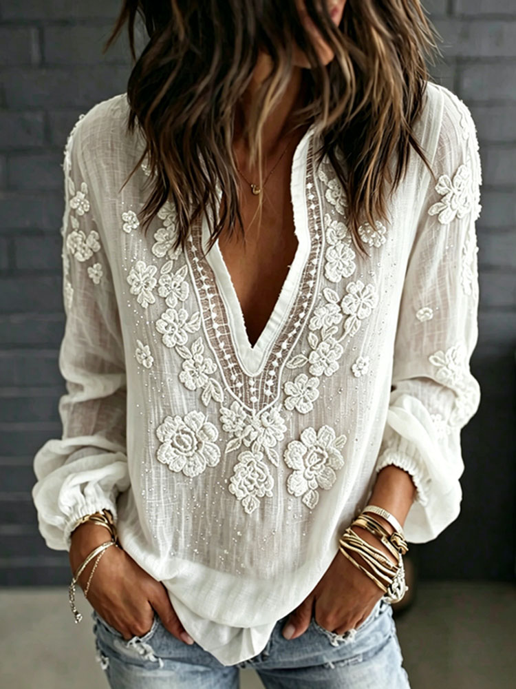 Women's Romantic White Rose Art Linen Blend V Neck Long Sleeve Tops