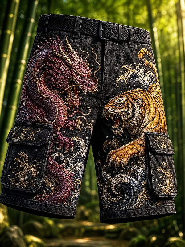 Men's Mythical Creature Dragon and Tiger Print Cargo Shorts