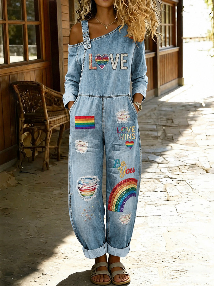 Women's Retro Pride Month Rainbow Art Print Washed Cotton Denim Patchwork Jumpsuit