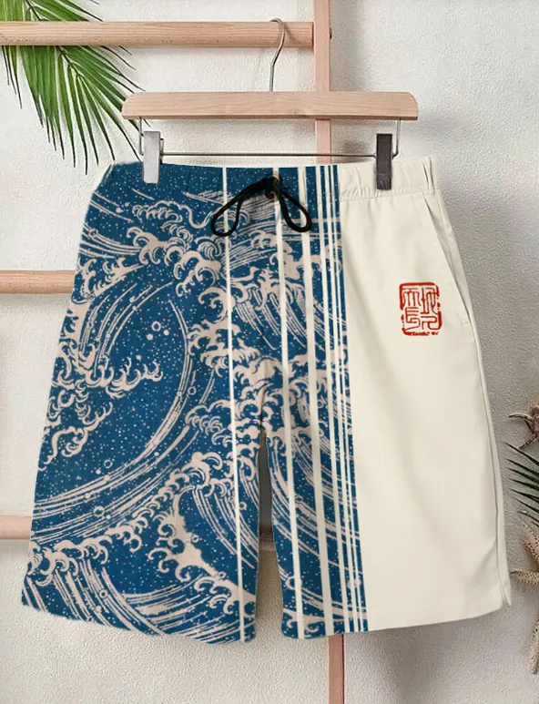 Men's Waves Print Pocket Drawstring Casual Beach Shorts