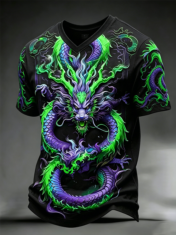 Men's Mythical Dragons Dark Japanese Art Print V Neck T-Shirt